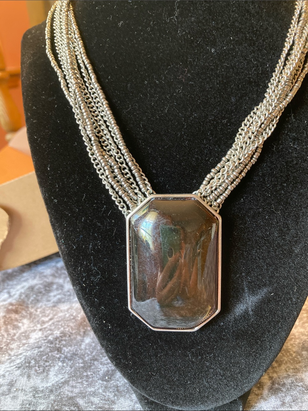 Silver Tone Multi-Strand Necklace with Large Translucent Pendant